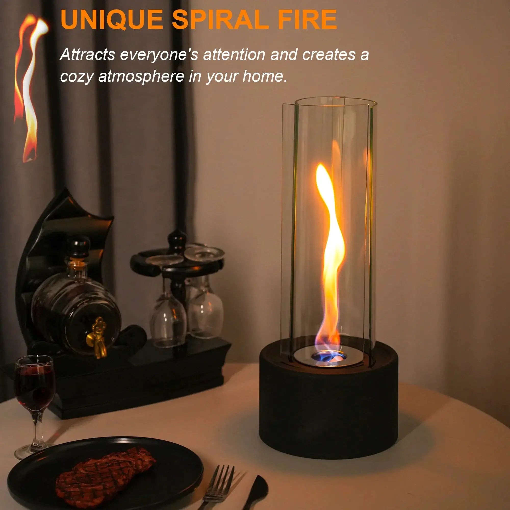 JHY DESIGN Cylindrical bioethanol vented-free fireplace with glass cylinder on black base