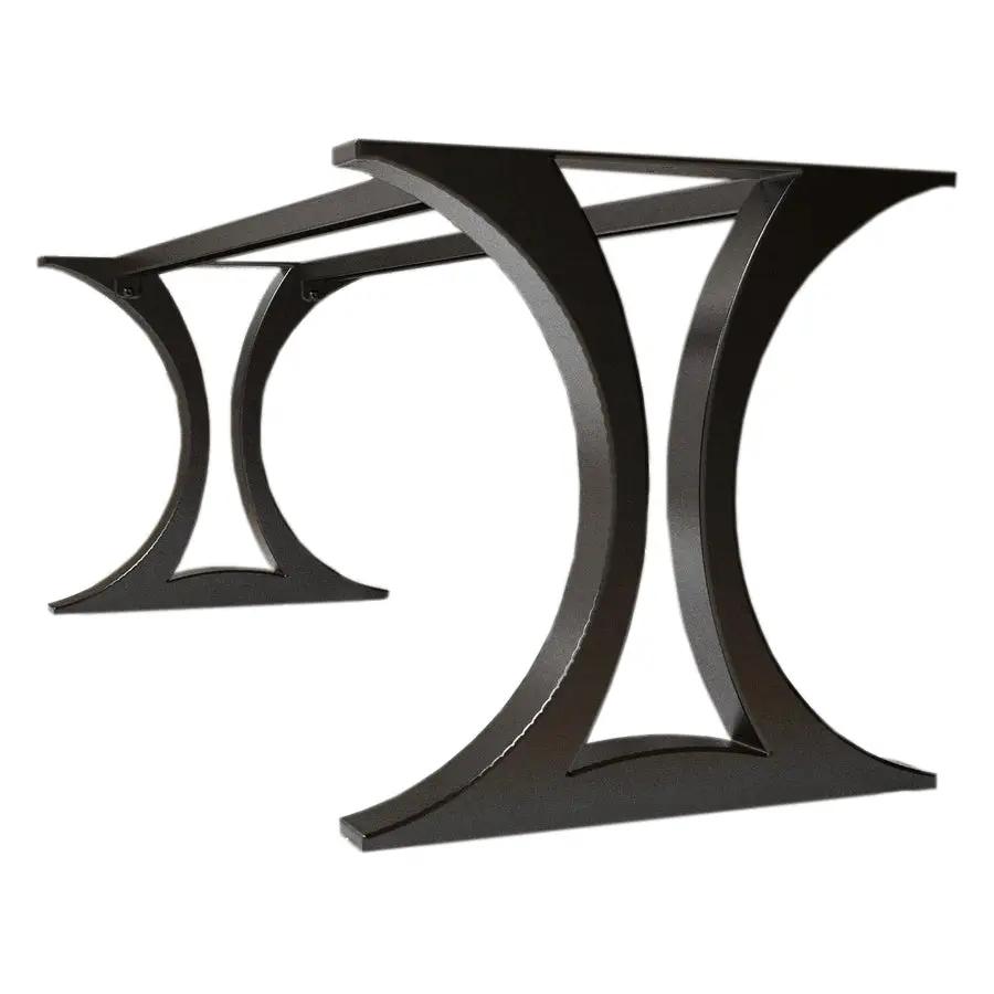 Modern matte black metal dining table base with twin curved arches for heavy table tops.