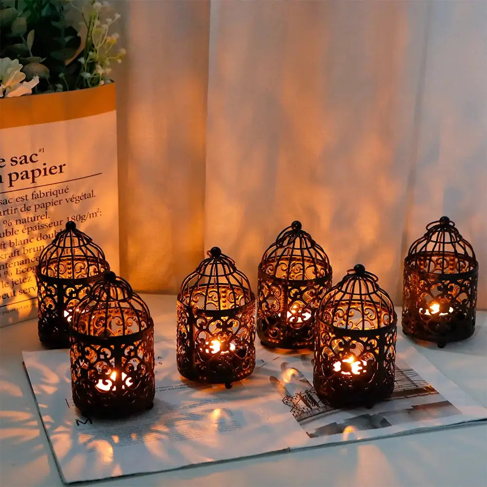 Set of 6 black metal hanging birdcage tealight lanterns, 5.5-inch tall, vintage ornate design