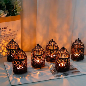 Set of 6 black metal hanging birdcage tealight lanterns, 5.5-inch tall, vintage ornate design
