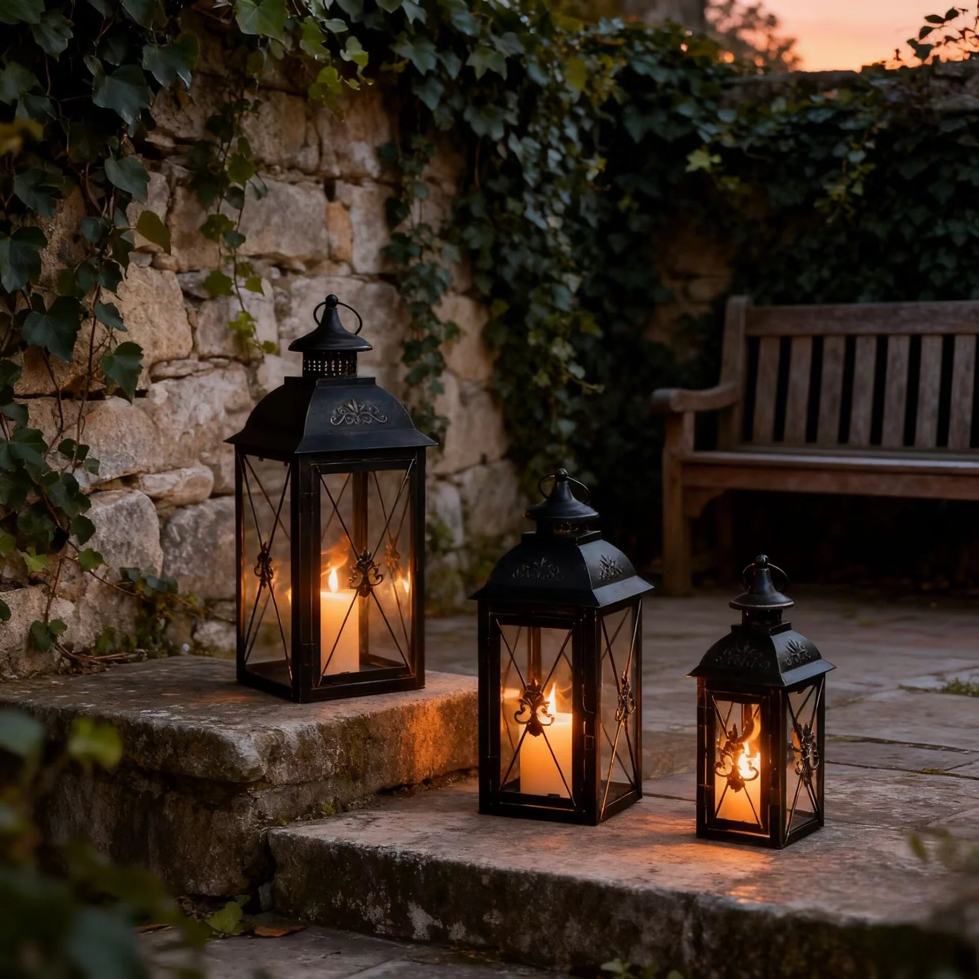 Set of four black metal decorative lanterns with glass panels and candlelight along a stone patio.