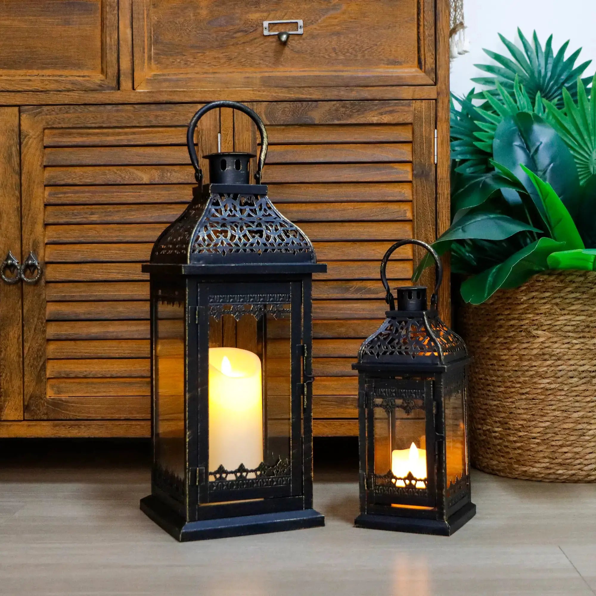 Set of 2 candle lanterns in black with gold-brush finish, 13in and 19.5in tall, JHY DESIGN