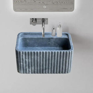 Bluestone marble rectangular wall-mount bathroom sink by Villohome, blue fluted exterior, L24 W16 H12