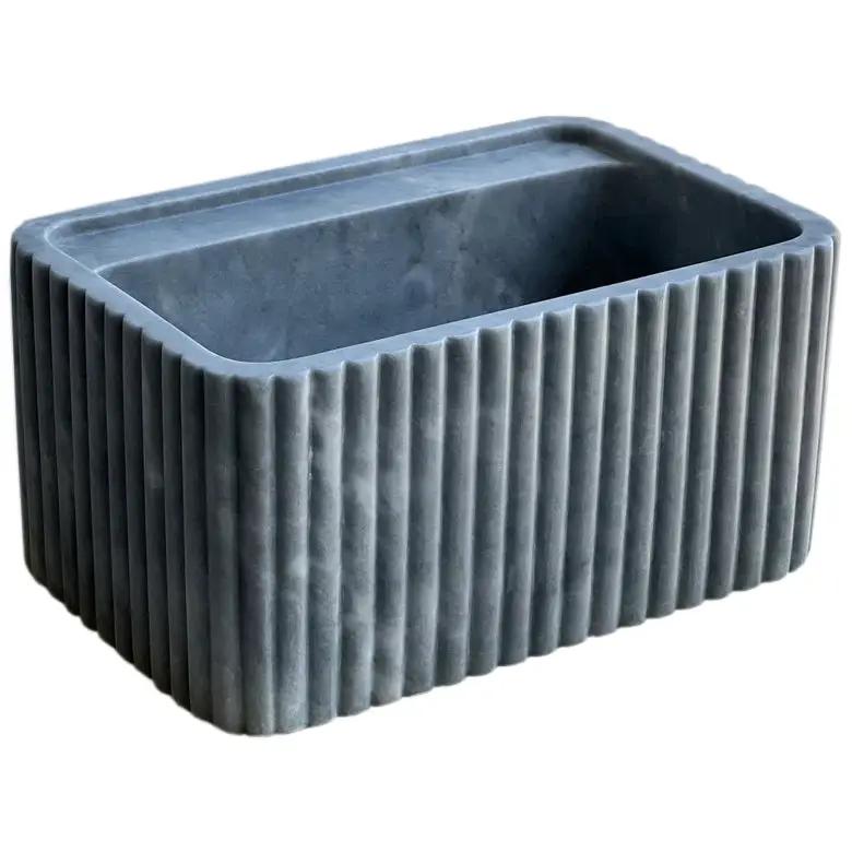 Bluestone Marble rectangular wall-mount bathroom sink by Villohome, fluted blue-gray exterior