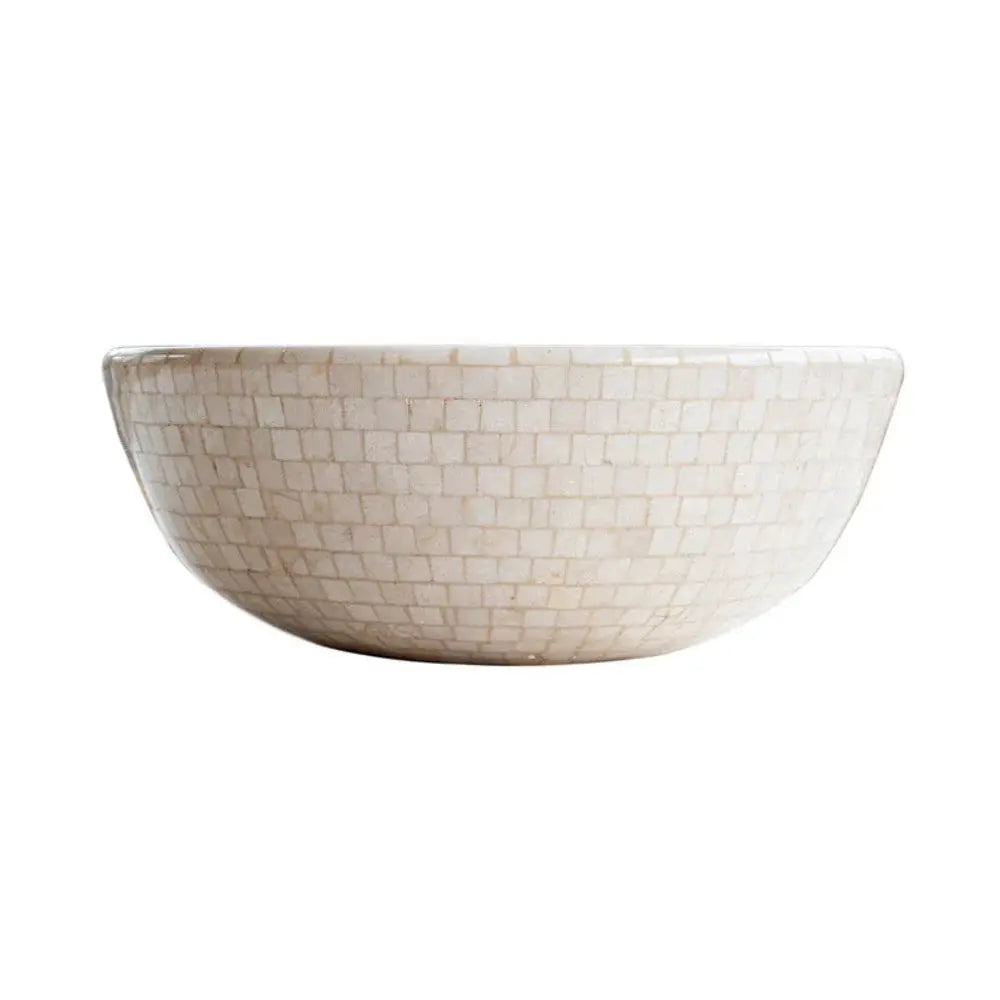 Villohome Botticino Marble Mosaic round vanity vessel sink, beige mosaic, 16-inch diameter, 6-inch height