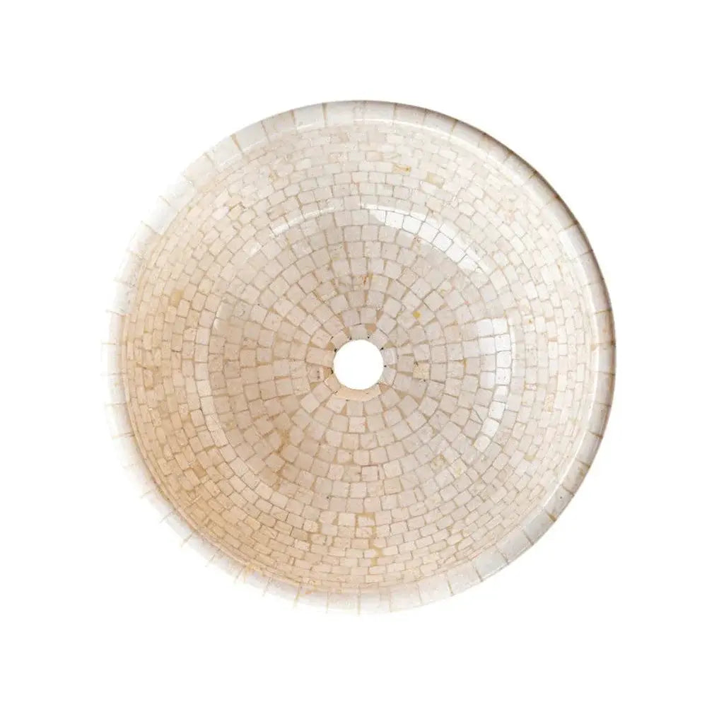 Botticino Marble Mosaic round vessel sink by Villohome, semi-polished beige natural stone for bathroom.