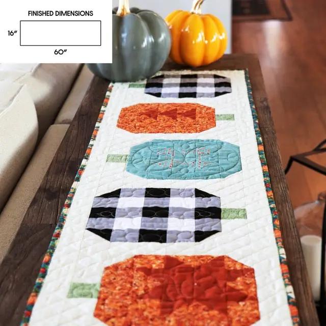 Holiday Quilted Table Runner Kit Bundle by Block Party Quilt Co; pumpkin blocks, orange teal accents, 60 inches long.