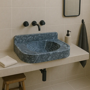 Bursa Gray Marble Vessel Sink with 6-inch backsplash on beige counter; black wall-mount faucet.