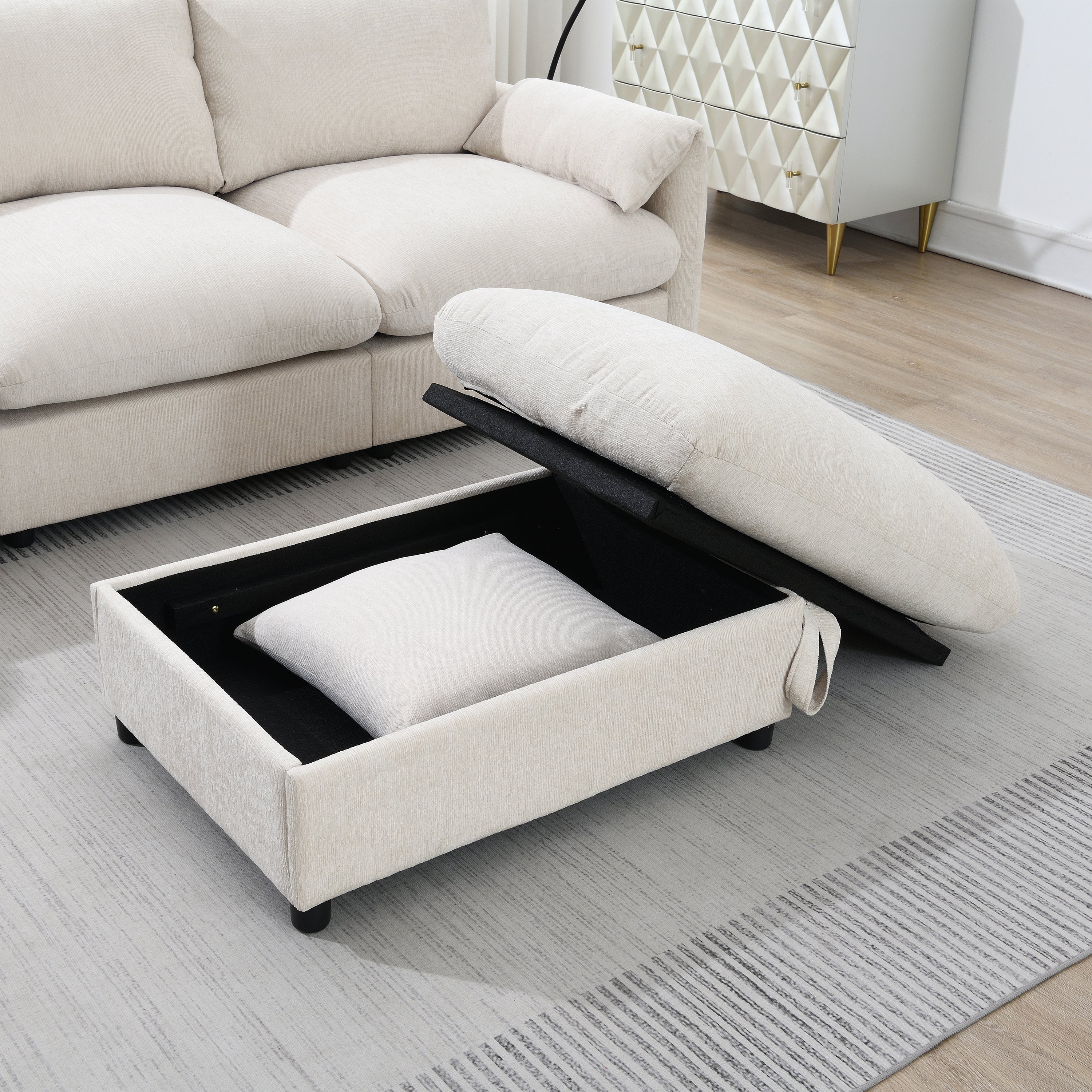 96.5'' Chenille Sectional Sofa with Storage Ottoman and Pockets,Adjustable Phone Holder,Wide Seat,4 Seat L Shaped Couch Set,Comfy Sofa with USB Charger for Living Room,Apartment,3 Colors