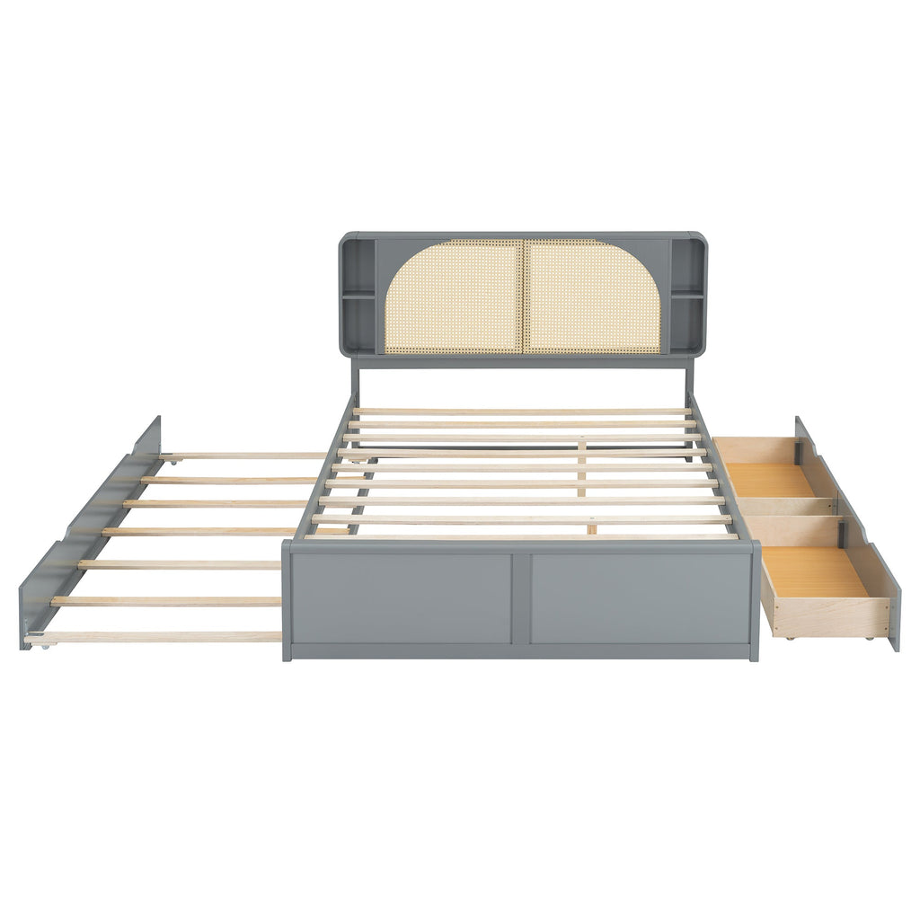 Queen Size Rattan Headboard Bed with Two Drawers and Trundle, Gray