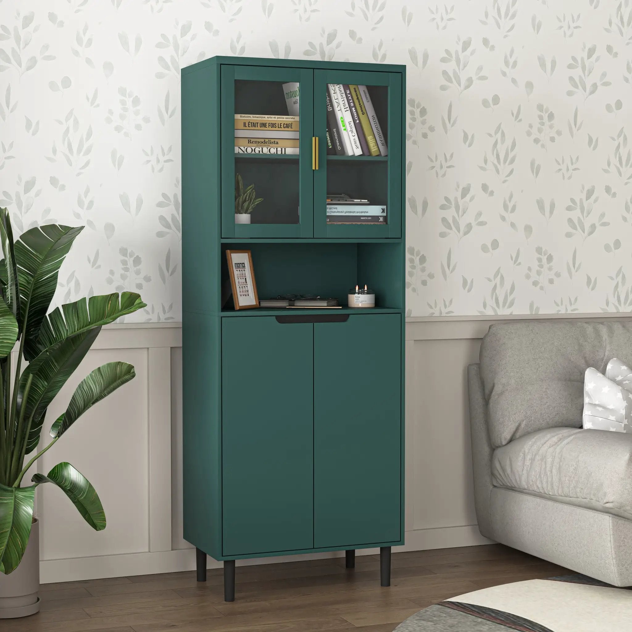 Tall Storage Bookcase with 2 Glass Display Door & 2 Doors, Tall Kitchen Pantry Cabinet with Gold Handles, Modern Cabinet Freestanding Living Room Green