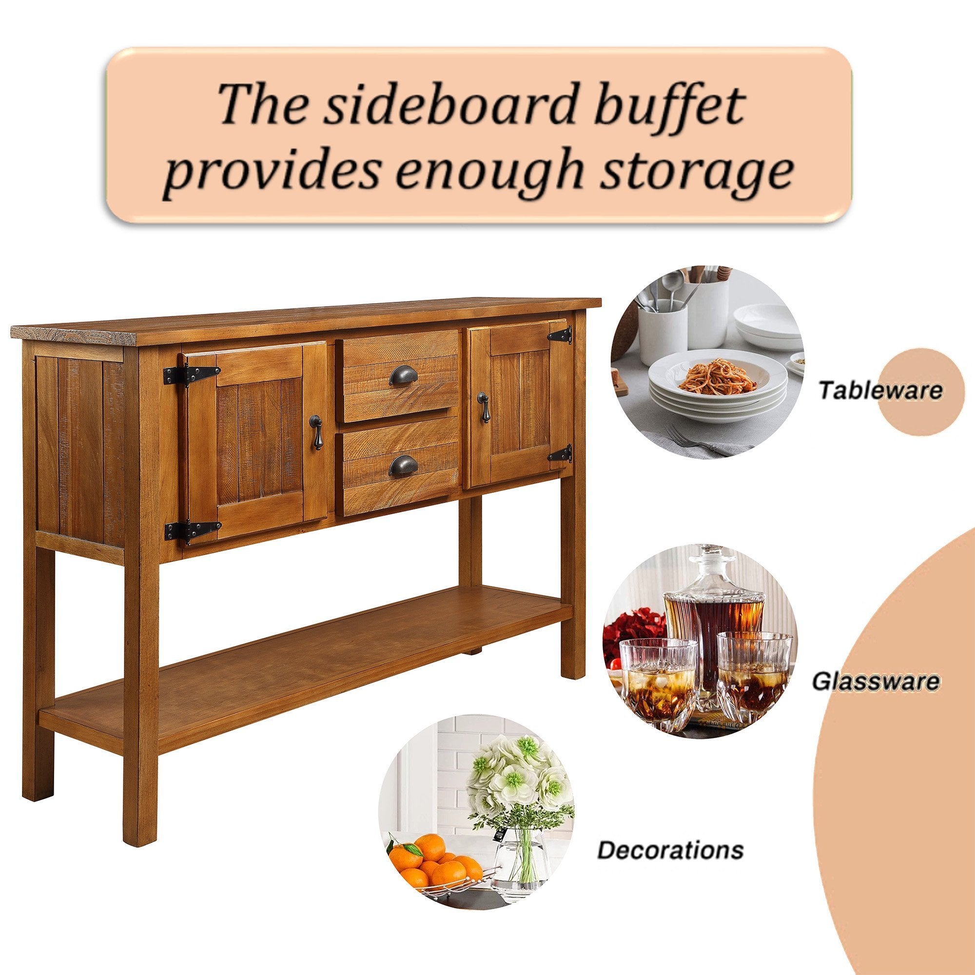 48'' Solid Wood Sideboard Console Table with 2 Drawers and Cabinets and Bottom Shelf, Retro Style Storage Dining Buffet Server Cabinet for Living Room Kitchen Dining Room(Brown)