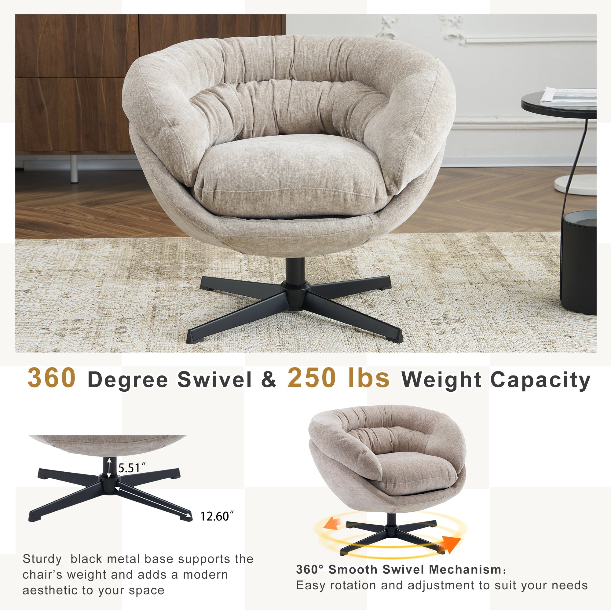 Modern Chenille Office Chair, 360° Swivel Club Chair/Accent Chair with Removable Cushion, Round Office Chair, Black Metal Base, Cotton Material, Living Room, Bedroom, Reading Corner, Office (Brown)