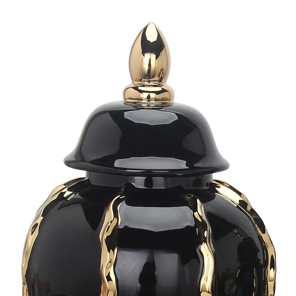 Elegant Black Ceramic Ginger Jar Vase with Gold Accents and Removable Lid - Timeless Home Decor