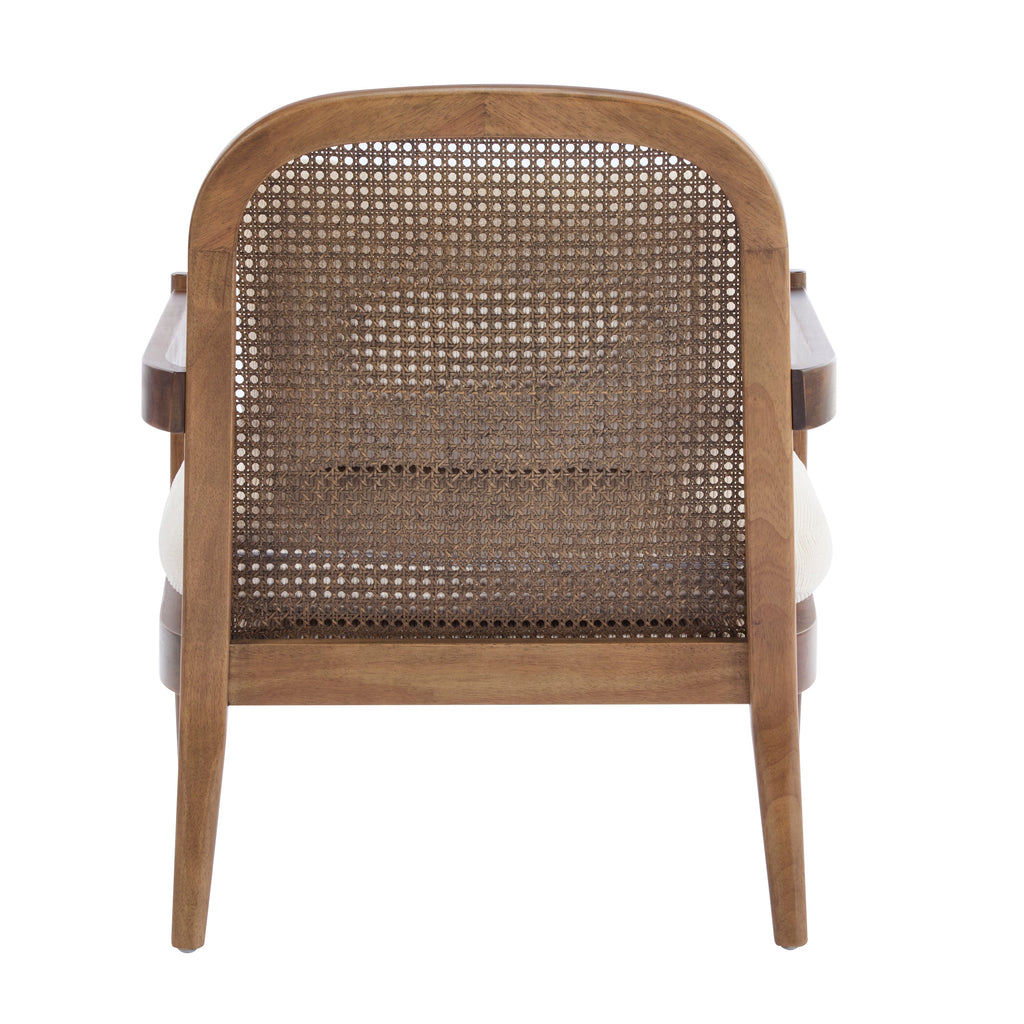 [Set of 2] 26.6' Mid-Century Modern Accent Chair with Light Brown Finish Solid Wood Frame and Rattan Backrest, Beige Cushion with Striped Fabric, Comfy Armchairs for Living Room, Bedroom, Reading Nook