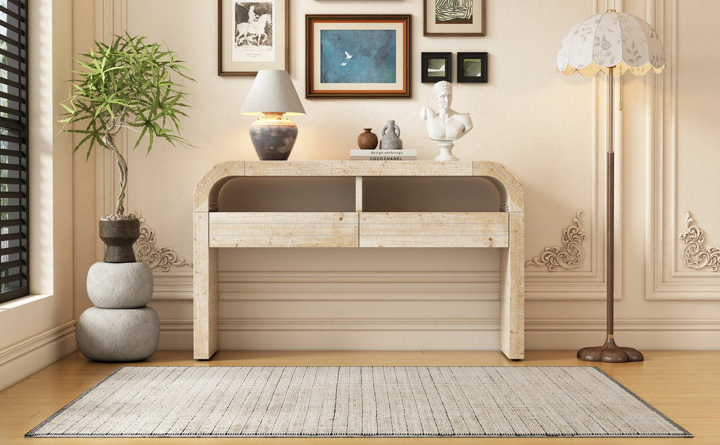 TREXM Console Table Entryway Table, Retro Curved Sofa Table with 2 Large Drawers, Narrow Console Table for Living Room Hallway Entrance, 52''×14''×31.5'', Natural Wood Wash