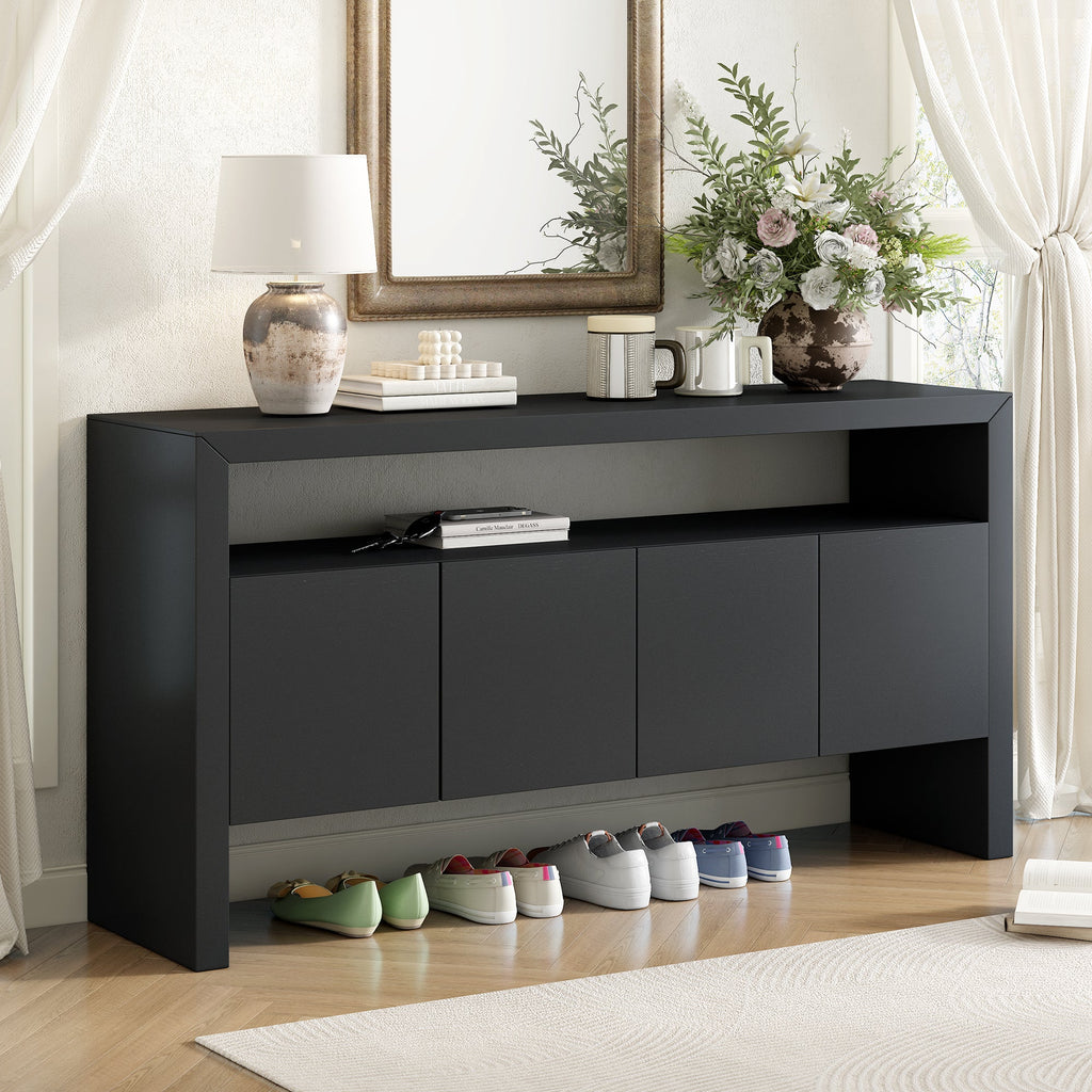 U_Style 60' 4-Door Sideboard, Modern Minimalist Solid Wood Veneer Sideboard with Open Shelf, Natural Wood Grain, Large Capacity Storage Console for Living Room, Hallway, Dining (Black/Natural)