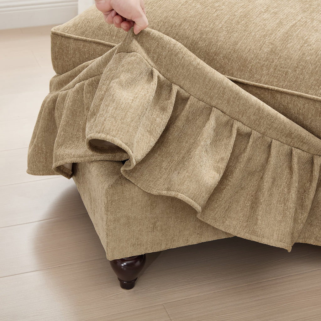 Elegant Mid Century Large 3 Seater Sofa Couch with Flared Arms and Removable Ruffles Pleats Skirts and Spindle Legs, Comfy Chenille Three-Seat Sofa for Living Room, Light Coffee