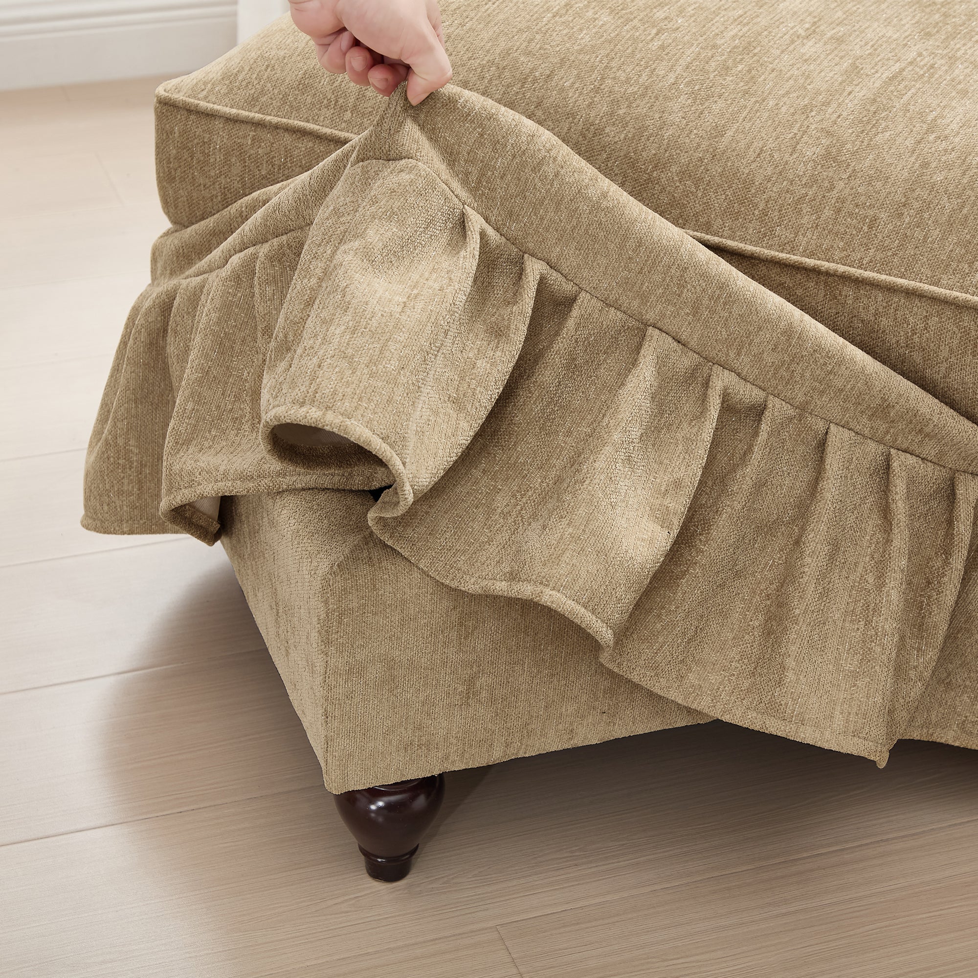 Elegant Mid Century Large 4 Seater Sofa Couch with Flared Arms and Removable Ruffles Pleats Skirts and Spindle Legs, Comfy Chenille Four-Seat Sofa for Living Room, Light Coffee