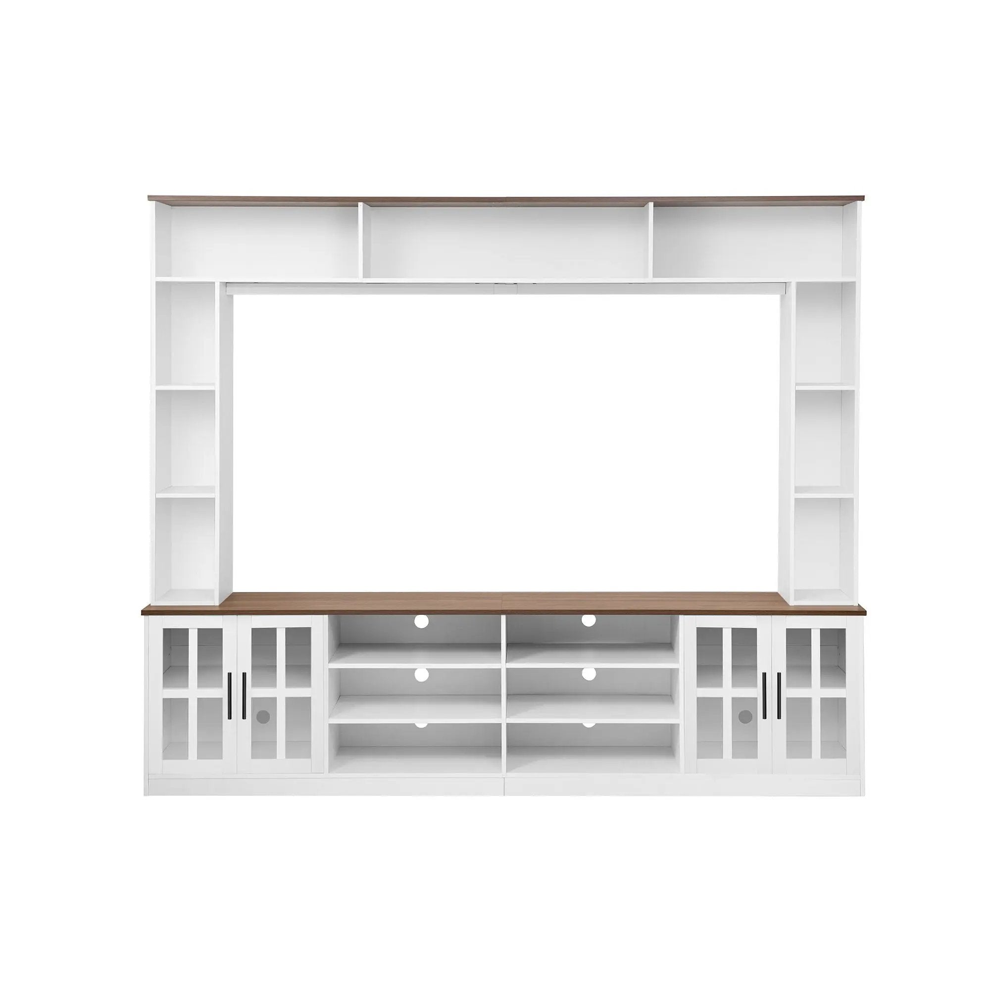 Wall Unit Entertainment Center With Bookshelves For TVs Up To 80", Tempered Glass Doors And Adjustable Shelves