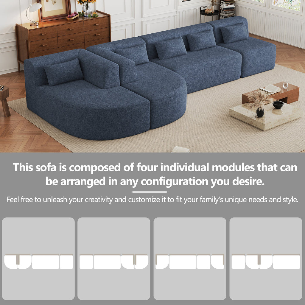 144' Upholstered Sofa Free-combined Sofa Couch with Two Chaise Lounge and Five Back Pillows for Living Room, Blue