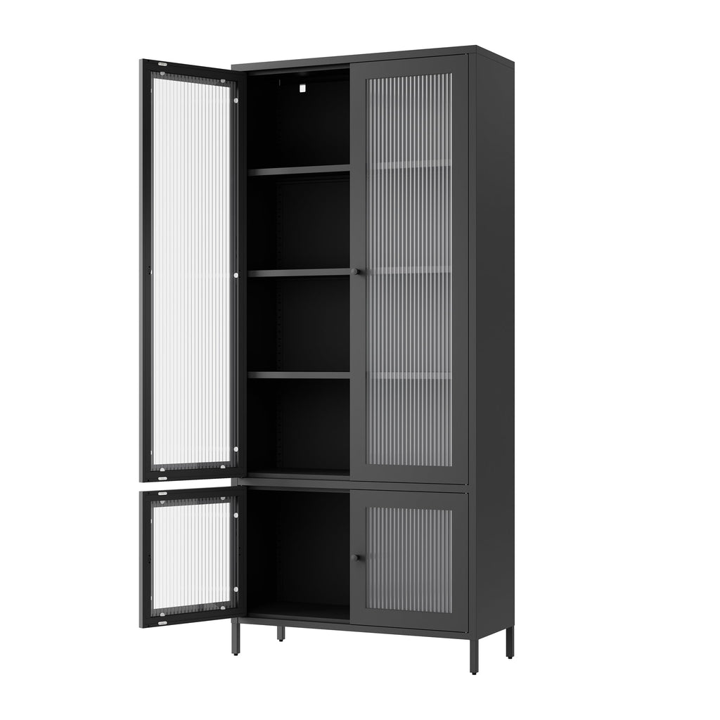 Large Metal Storage Cabinet Display Cabinet with 4 Glass Doors 5 Shelves Side Cabinet Bookcase Freestanding Cabinet for Bedroom Living Room Pantry Home Office - Black, Fluted Tempered Glass