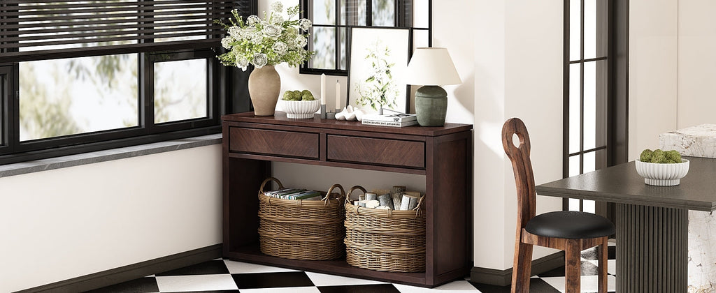 TREXM 55' Console Table, Rustic Wooden Entryway Table with Storage Drawers and Open Shelf, Elegant Sofa Table for Hallway and Living Room (Espresso)