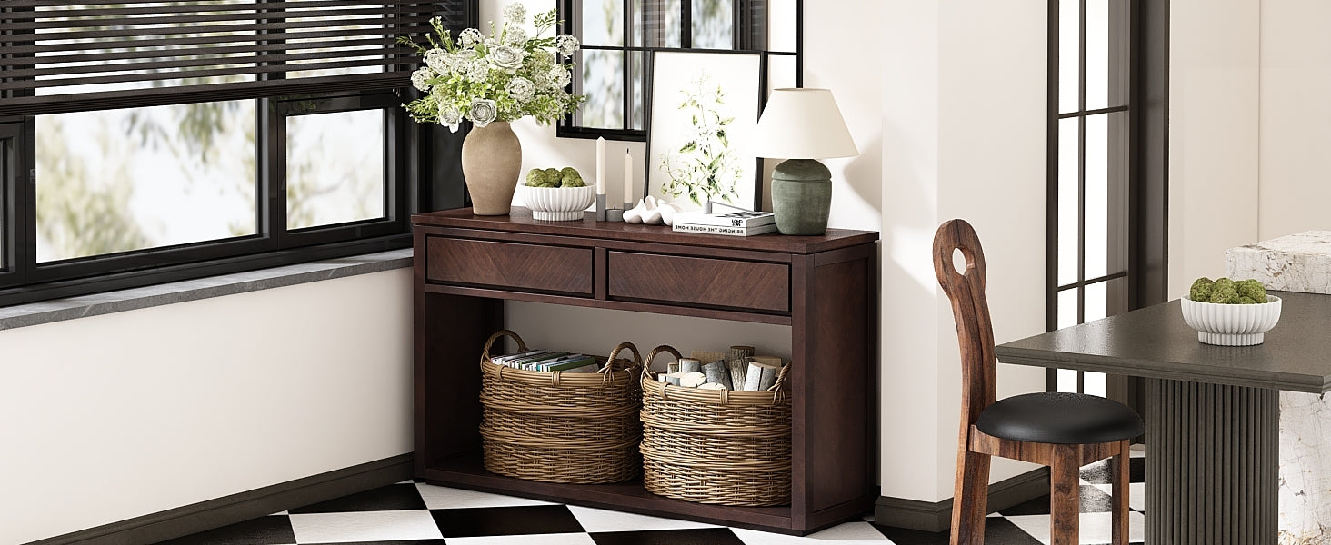 TREXM 55' Console Table, Rustic Wooden Entryway Table with Storage Drawers and Open Shelf, Elegant Sofa Table for Hallway and Living Room (Espresso)