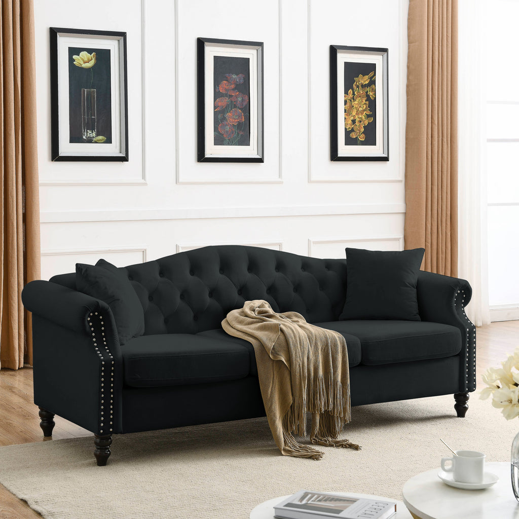 [Video] 79' Chesterfield Sofa Black Velvet for Living Room, 3 Seater Sofa Tufted Couch with Rolled Arms and Nailhead for Living Room, Bedroom, Office, Apartment, 3S+3S