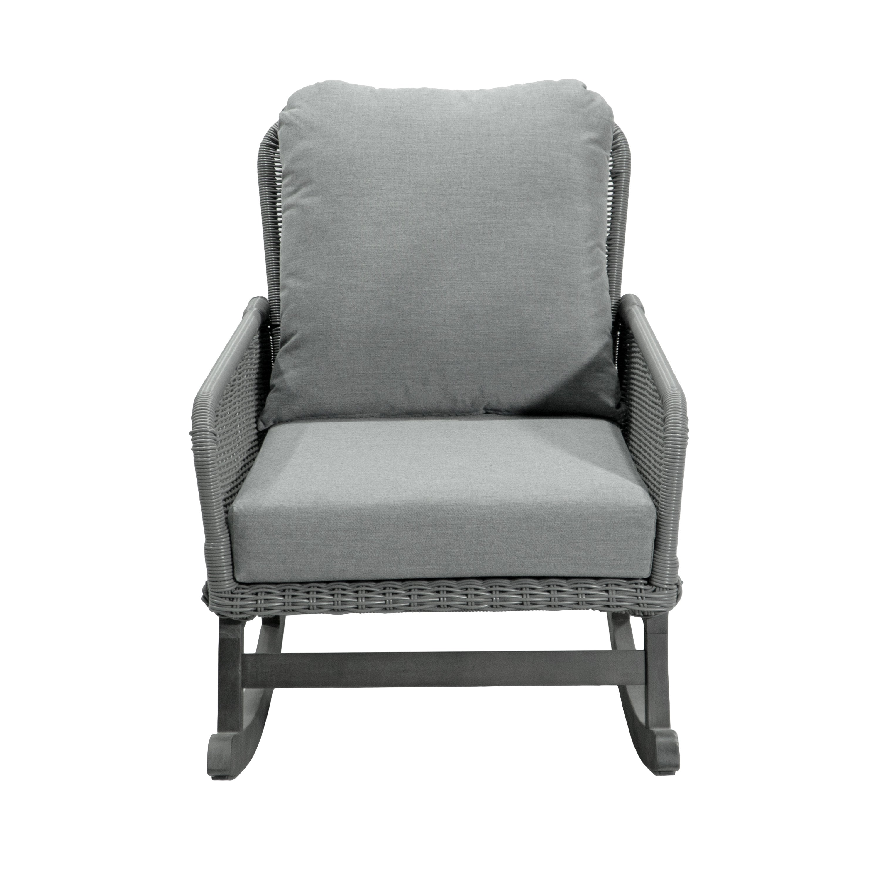Modern 3-Piece Outdoor Seating Set with Gray Cushioned PE Rattan Rocking Chairs and Wooden Accent Table, Perfect for Patio or Balcony Relaxation