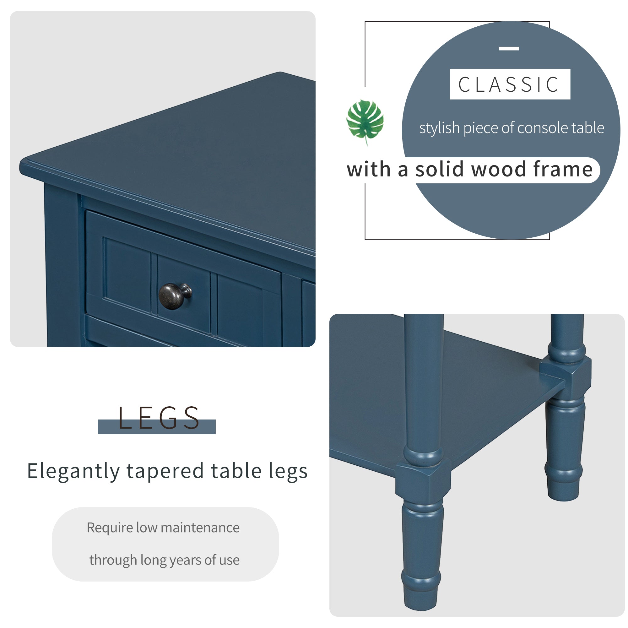 TREXM Narrow Console Table, Slim Sofa Table with Three Storage Drawers and Bottom Shelf (Navy)