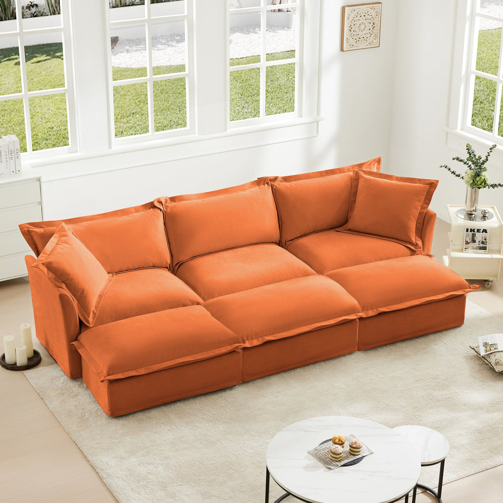 Living Room Sofa Slipcovered Sofa 3 Seater Sofa With 3 Ottomans, Oversized 3-Seat Sleeper Sofa Bed Home Theater Sofa, Chenille, orange