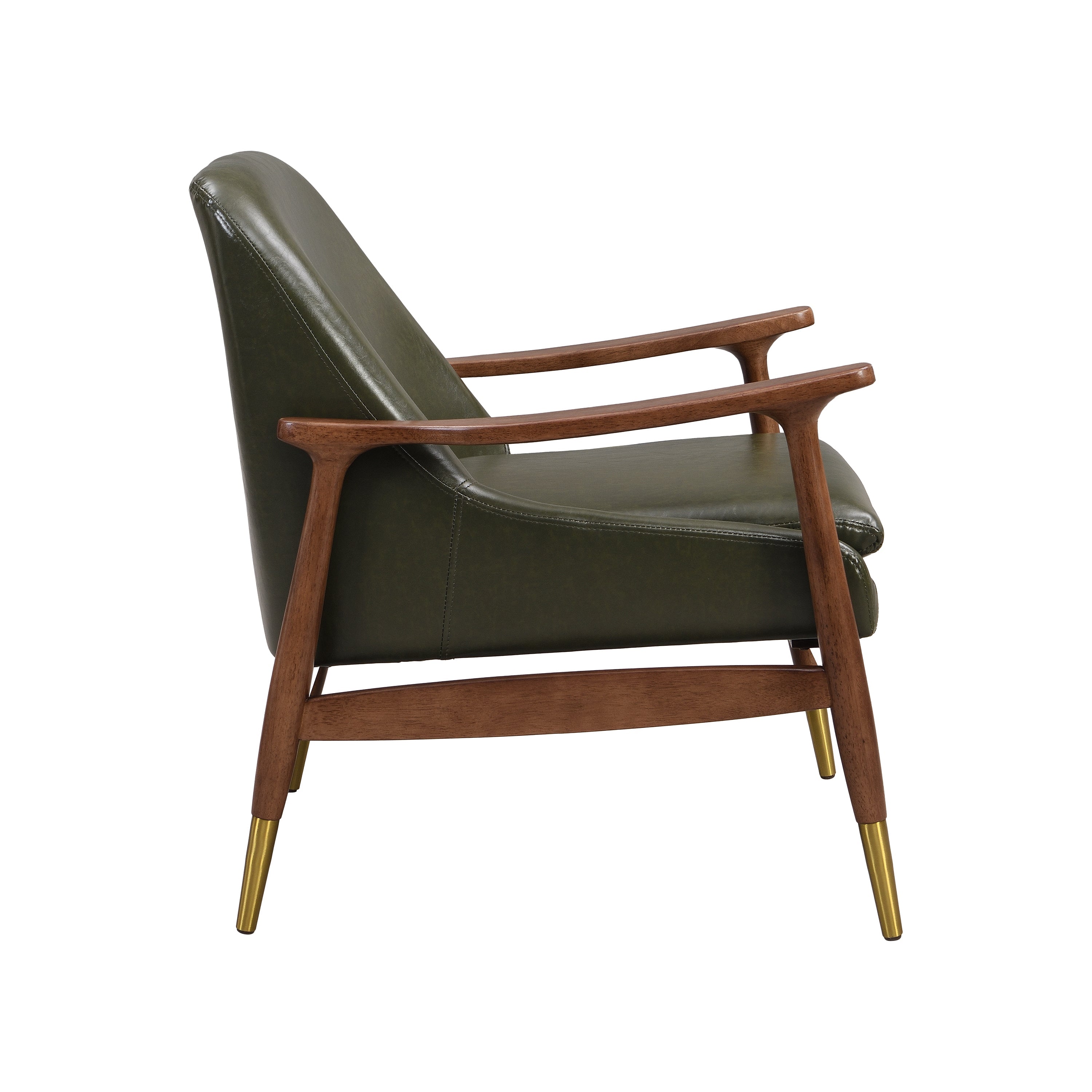Mid-Century Faux Leather Accent Chair with Cushioned Seat, Solid Wood Frame, Brass-Tipped Legs, Cognac-Brown