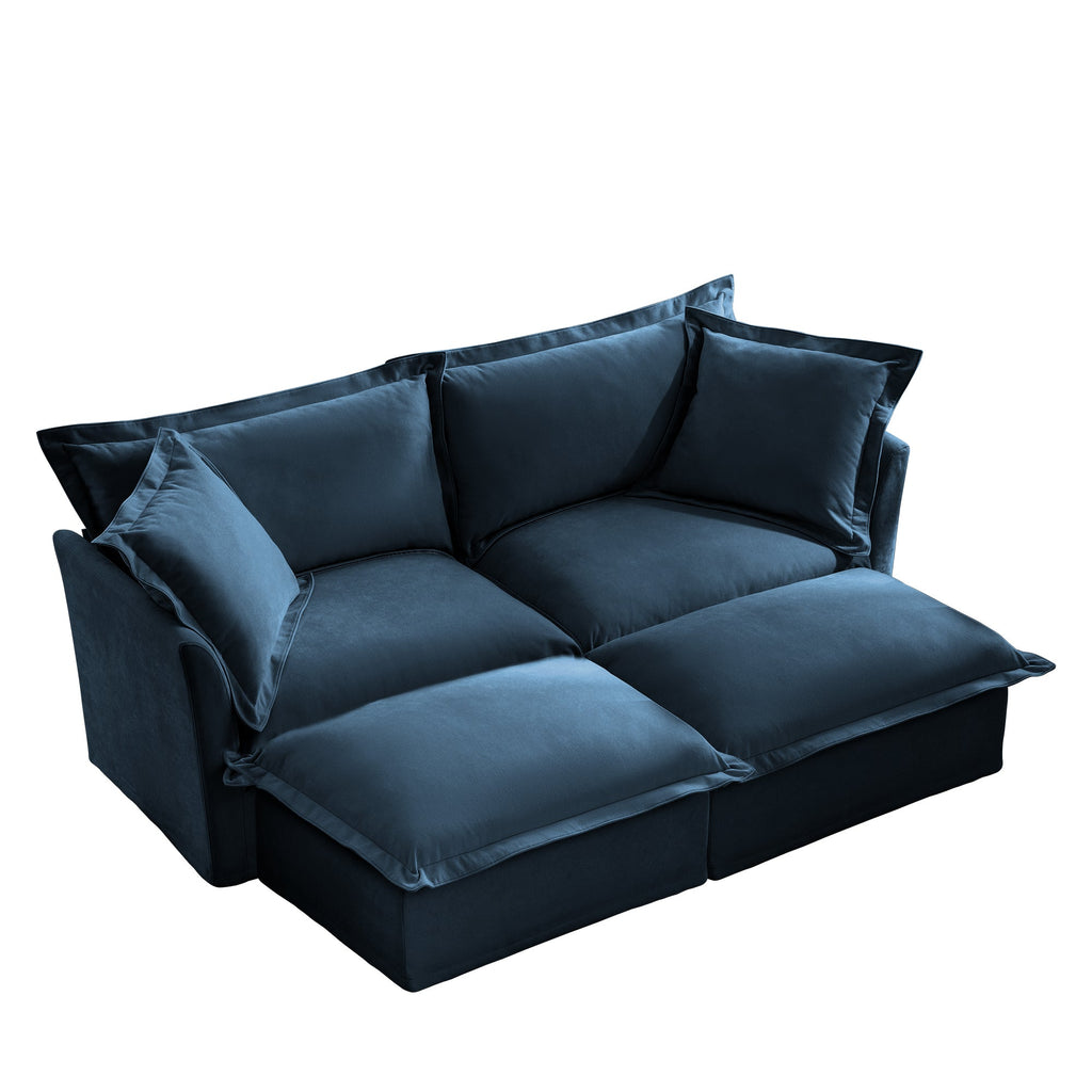Slipcovered Sofa 2 Seater Sofa    With 2 Ottomans, 2 Seater Sleeper Sofa Bed Home Theater Oversized Sofa For Living Room, Chenille, Blue