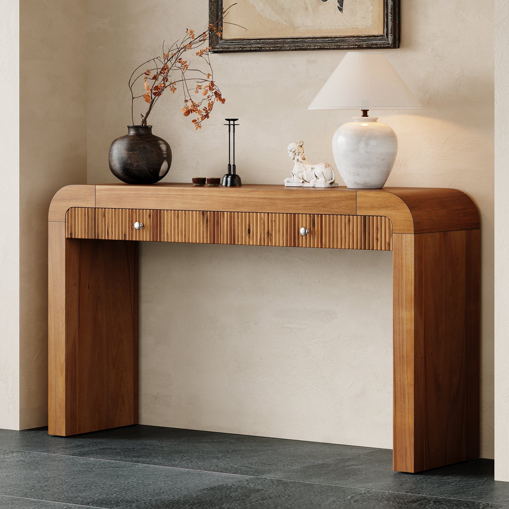 TREXM Rustic Console Table with Fluted Drawer Front, Entryway Table with Curved Corners & Thick Legs, Sturdy Sofa Table for Hallway & Living Room (Brown)