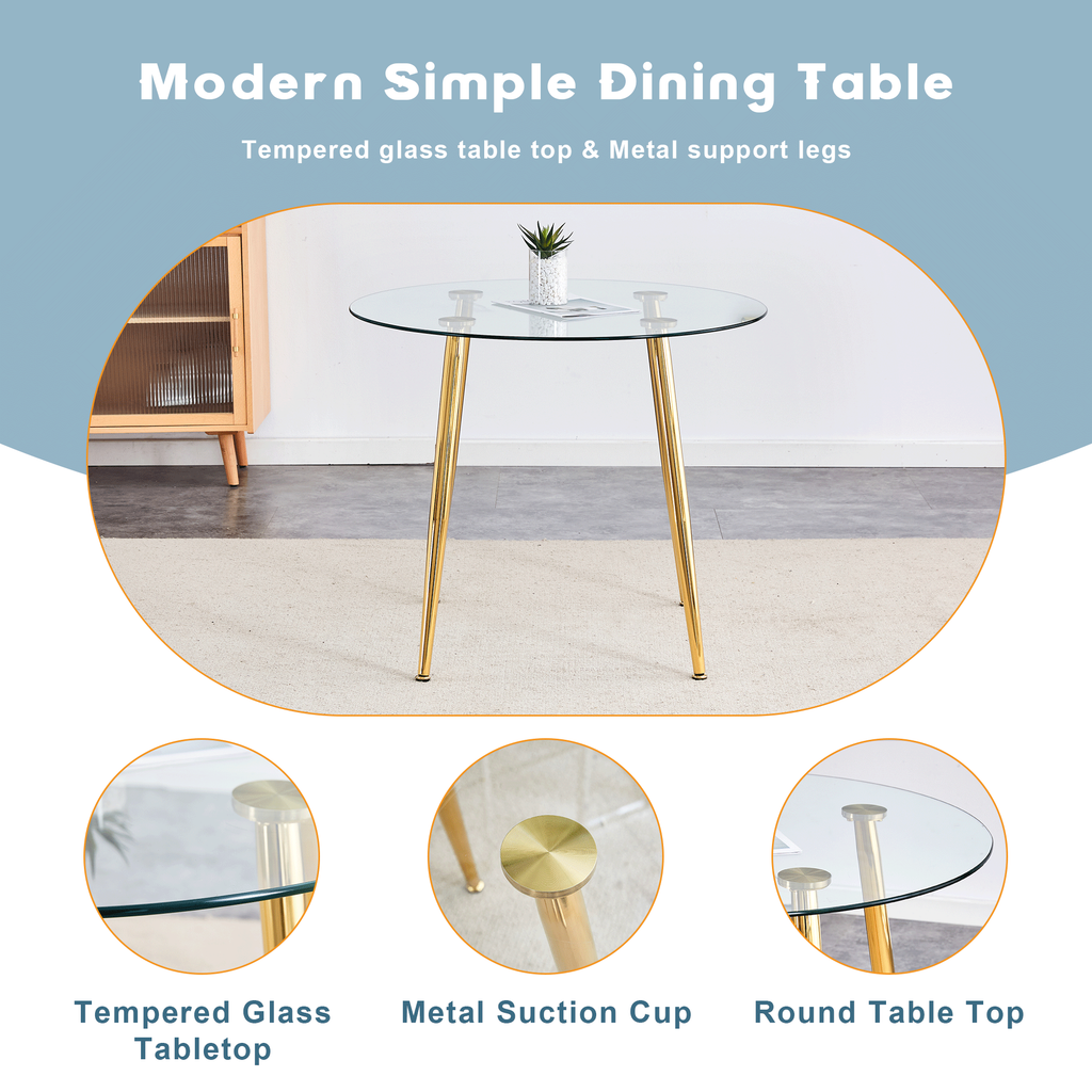 Round dining table with glass top, gilded metal legs, exquisite living, starting from the details, the gold legs show an extraordinary texture, which is the finishing touch to your home.36*36