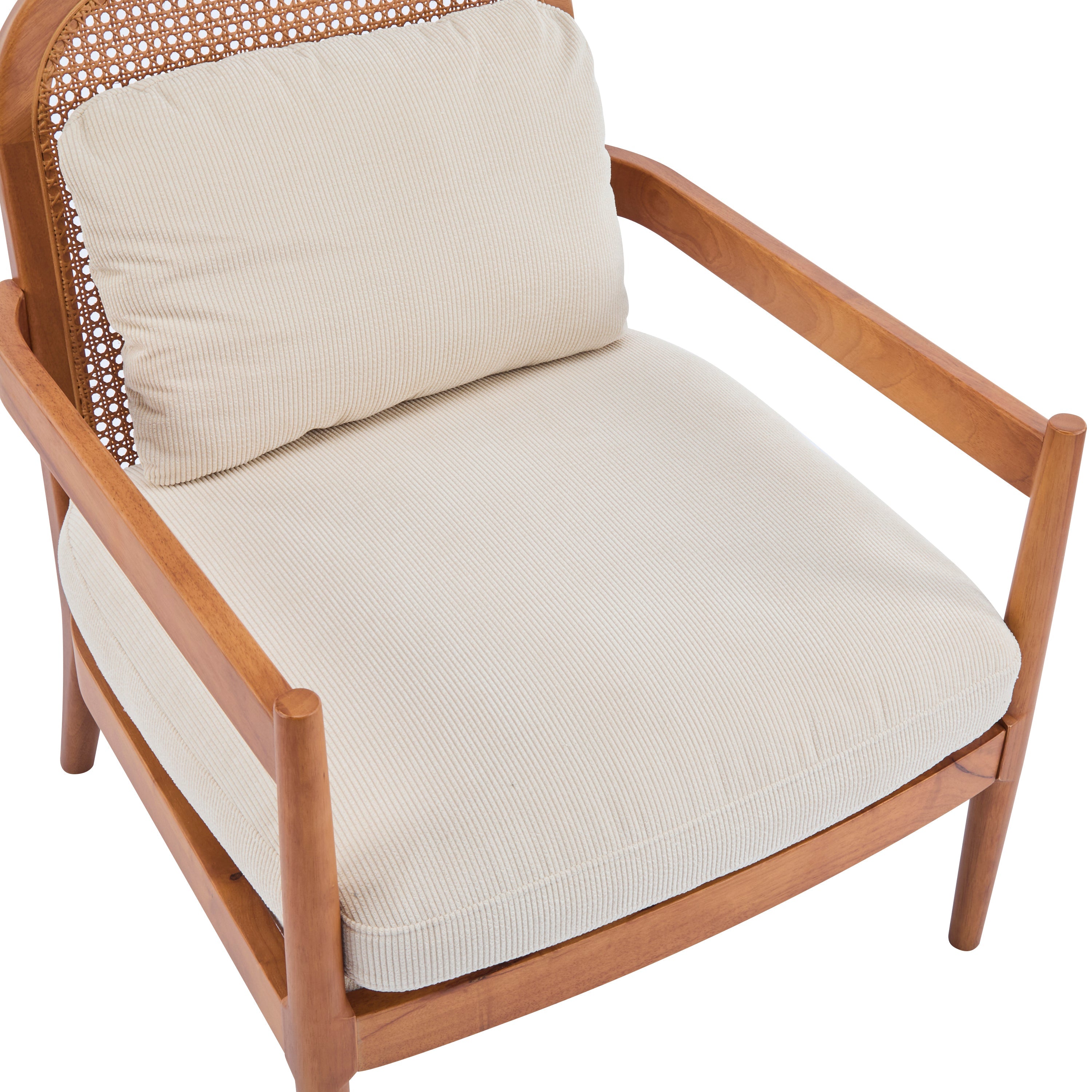 [Set of 2]  26.6' Mid-Century Modern Accent Chair with Walnut Finish Solid Wood Frame and Rattan Backrest, Beige Cushion with Striped Fabric,  Comfy Armchairs for Living Room, Bedroom, Reading Nook