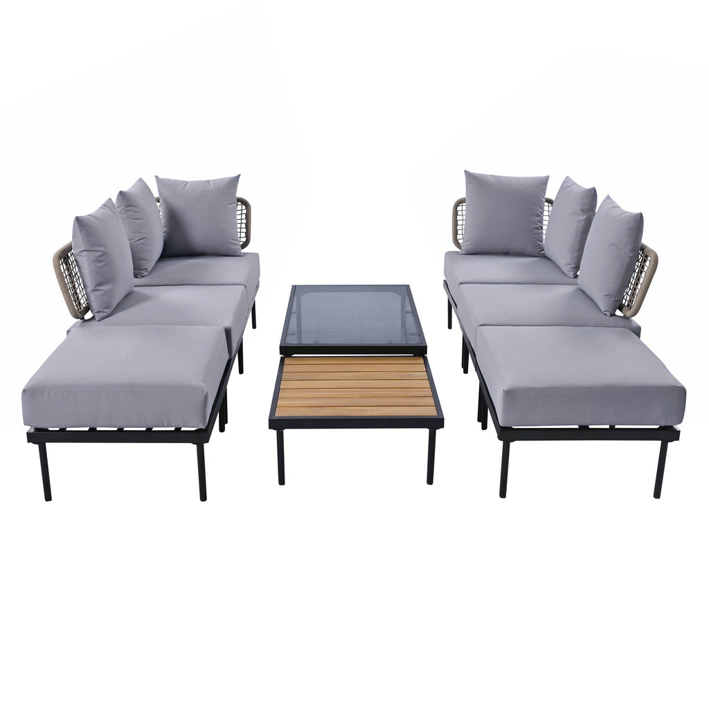 TREXM 8-Piece Patio Sectional Sofa Set with Tempered Glass Coffee Table and Wooden Coffee Table for Outdoor Oasis, Garden, Patio and Poolside (Light Grey Cushion + Black Steel)