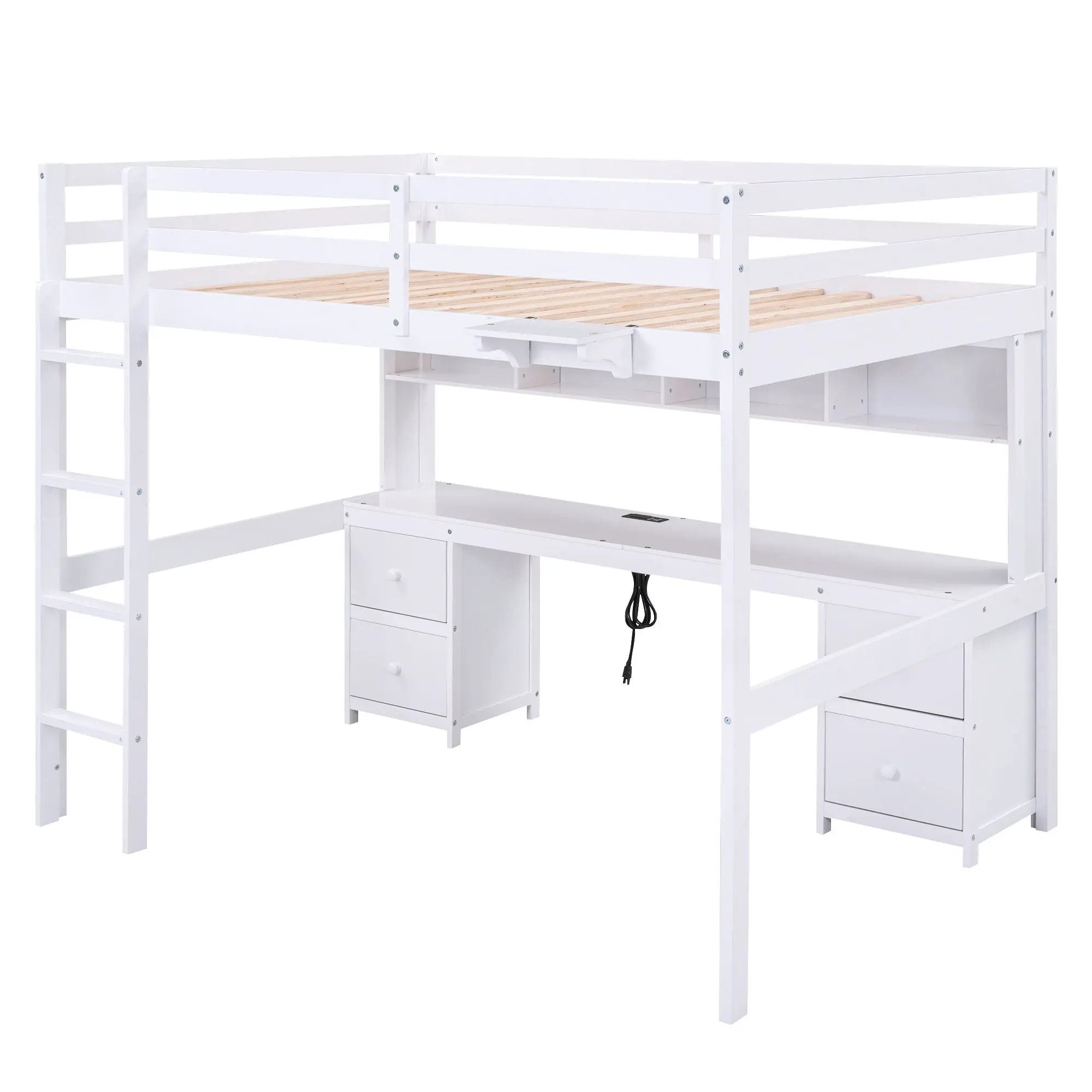 Loft Bed With Desk, Cabinets, Drawers, Charging Station And Bedside Tray