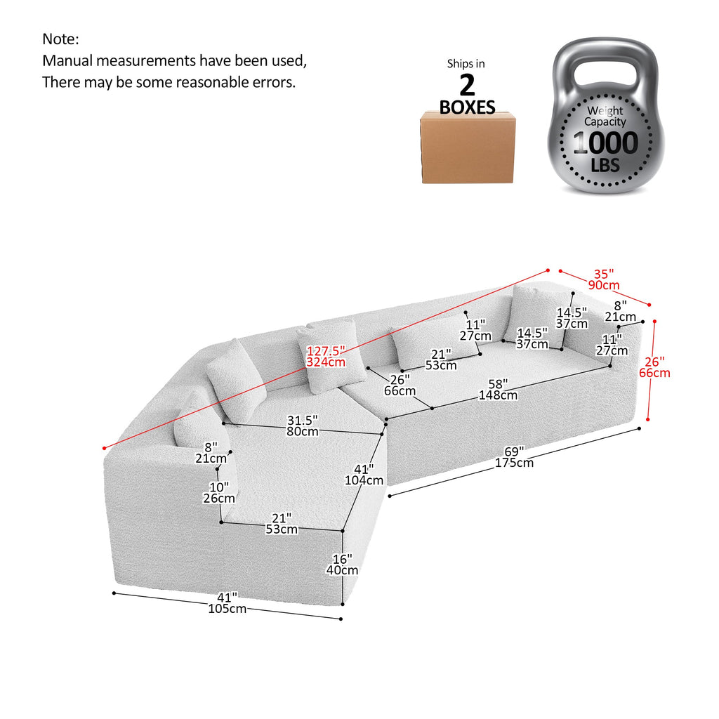 127.5'' Modern Minimalist Sectional Cloud Couch With Deep Seat,No Assembly Required