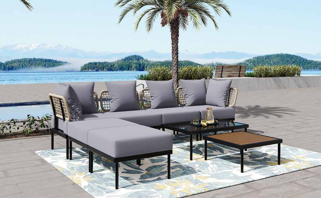 TREXM 8-Piece Patio Sectional Sofa Set with Tempered Glass Coffee Table and Wooden Coffee Table for Outdoor Oasis, Garden, Patio and Poolside (Light Grey Cushion + Black Steel)