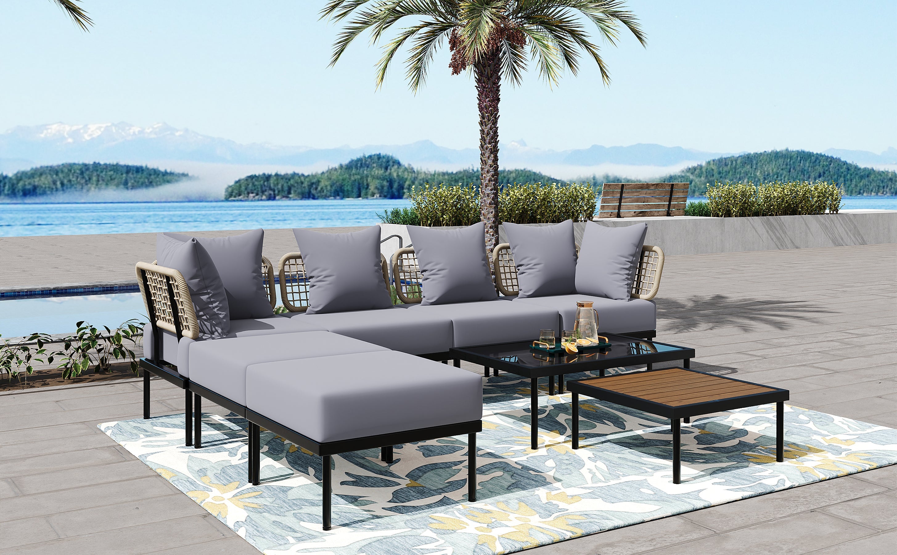 TREXM 8-Piece Patio Sectional Sofa Set with Tempered Glass Coffee Table and Wooden Coffee Table for Outdoor Oasis, Garden, Patio and Poolside (Light Grey Cushion + Black Steel)