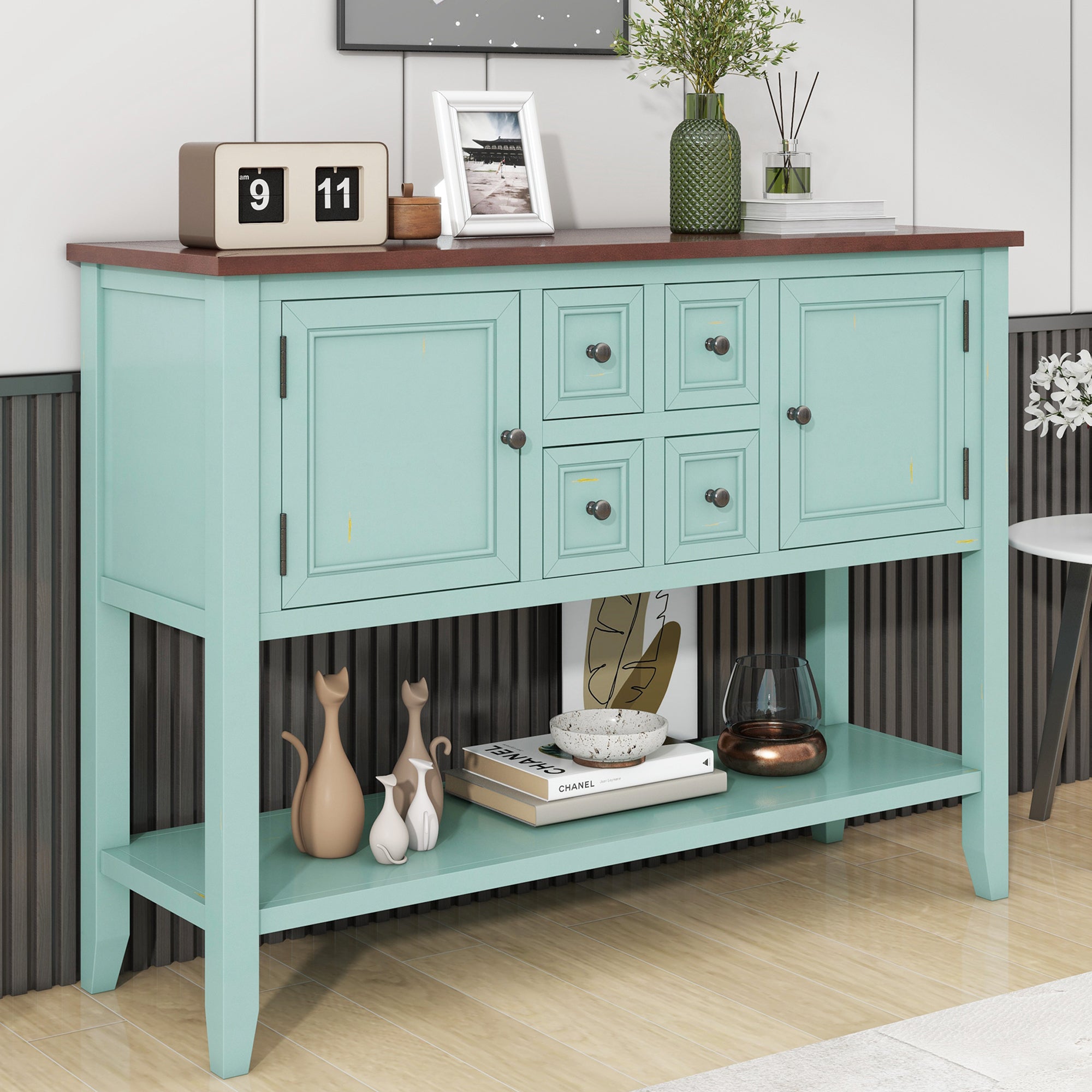 TREXM Cambridge Series  Ample Storage Vintage Console Table with Four Small Drawers and Bottom Shelf for Living Rooms, Entrances and Kitchens (Retro Blue, OLD SKU: WF190263AAC)