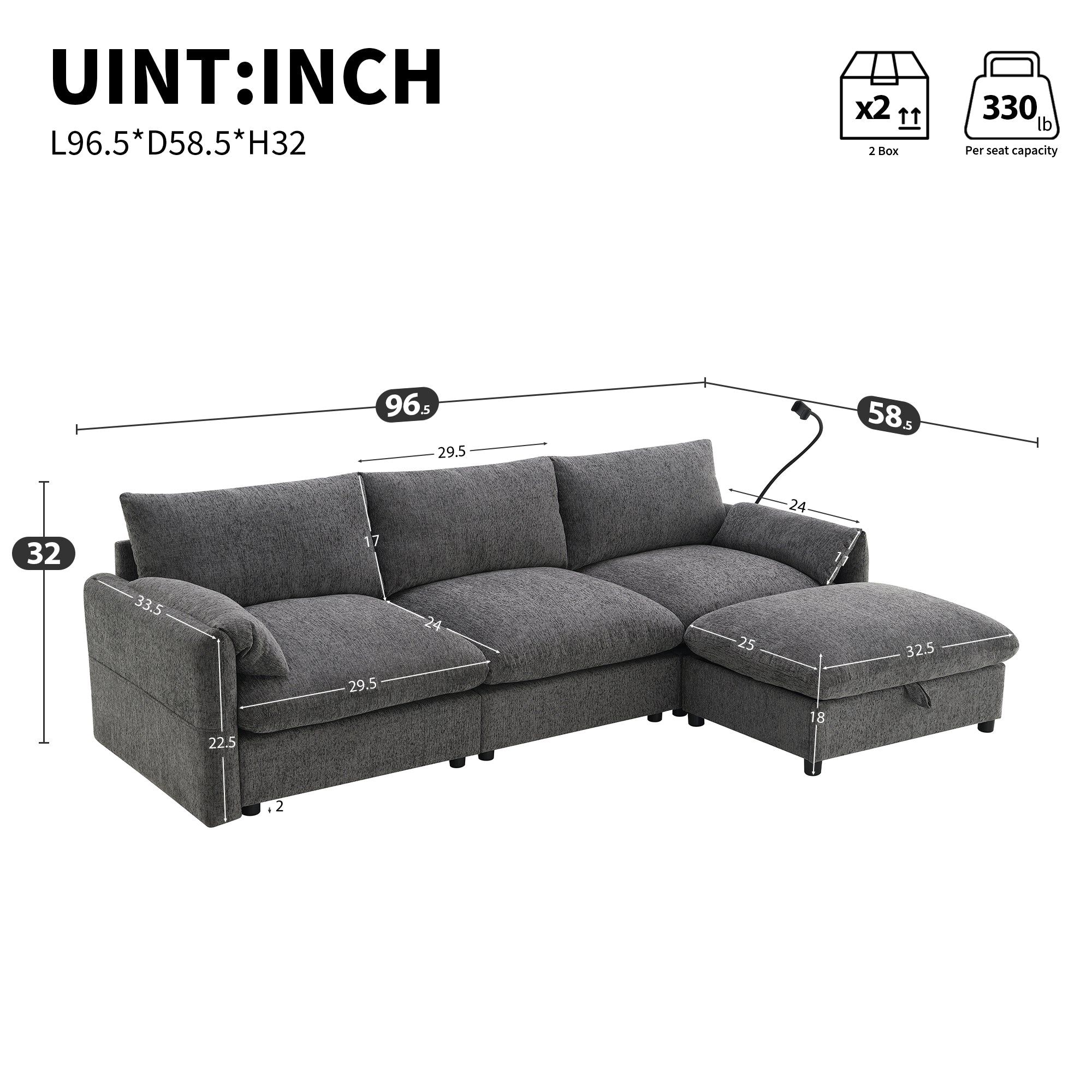 96.5'' Chenille Sectional Sofa with Storage Ottoman and Pockets,Adjustable Phone Holder,Wide Seat,4 Seat L Shaped Couch Set,Comfy Sofa with USB Charger for Living Room,Apartment,3 Colors