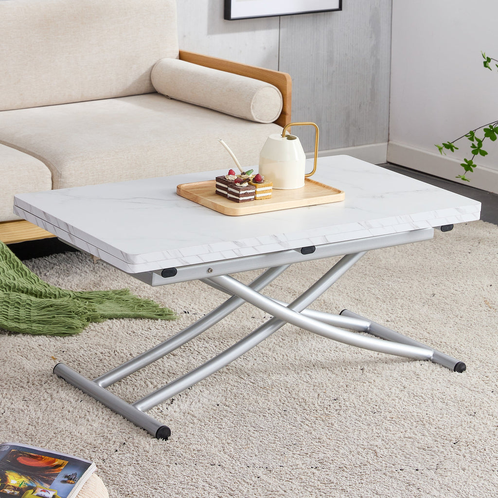 Modern minimalist multifunctional lift table with 0.8 inch MDF desktop and silver metal legs, can be used as a dressing table, coffee table, dining table, and office table