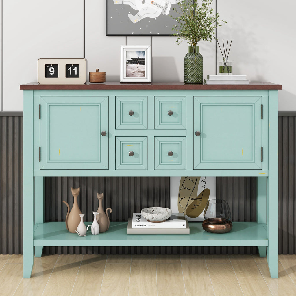 TREXM Cambridge Series  Ample Storage Vintage Console Table with Four Small Drawers and Bottom Shelf for Living Rooms, Entrances and Kitchens (Retro Blue, OLD SKU: WF190263AAC)