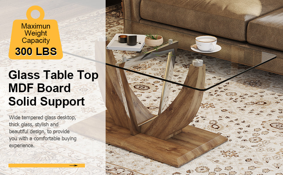 Modern minimalist transparent tempered glass coffee table with wooden MDF legs and stainless steel decorative columns. Computer desk. Game table. CT-907