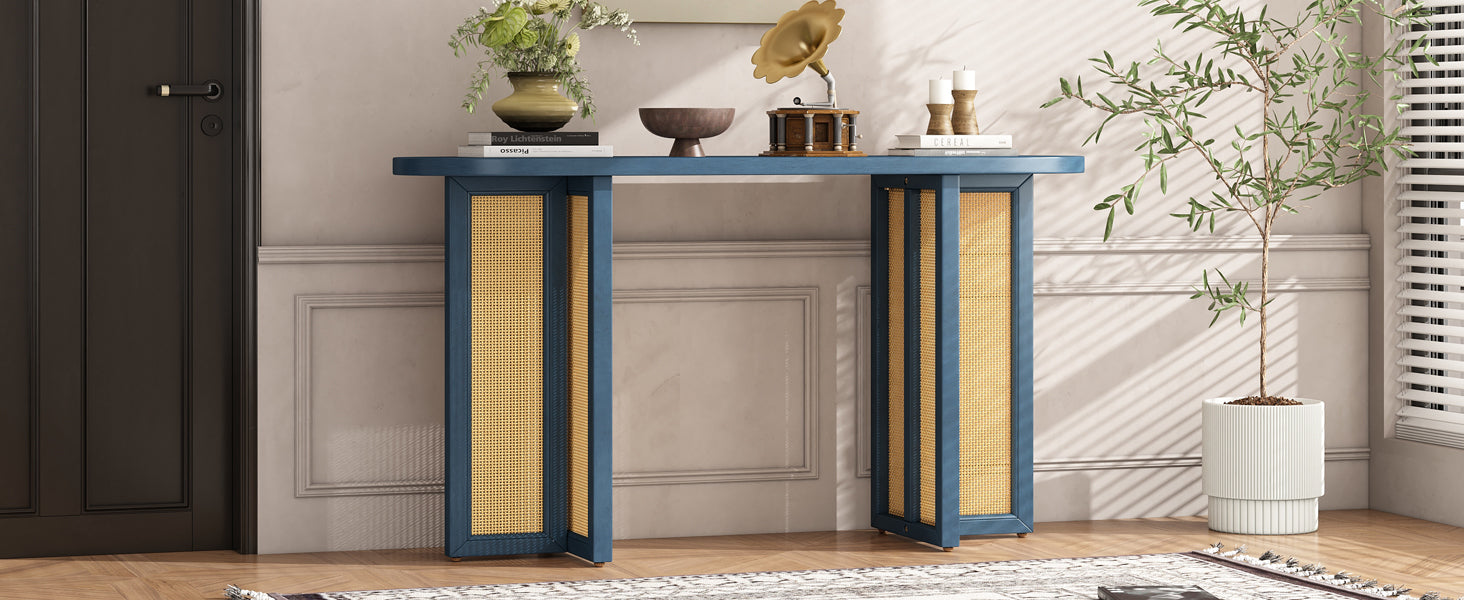TREXM Farmhouse Rattan Console Table Entryway Table, Narrow Console Table with Storage, Hallway Table for Living Room, Entrance (Navy)