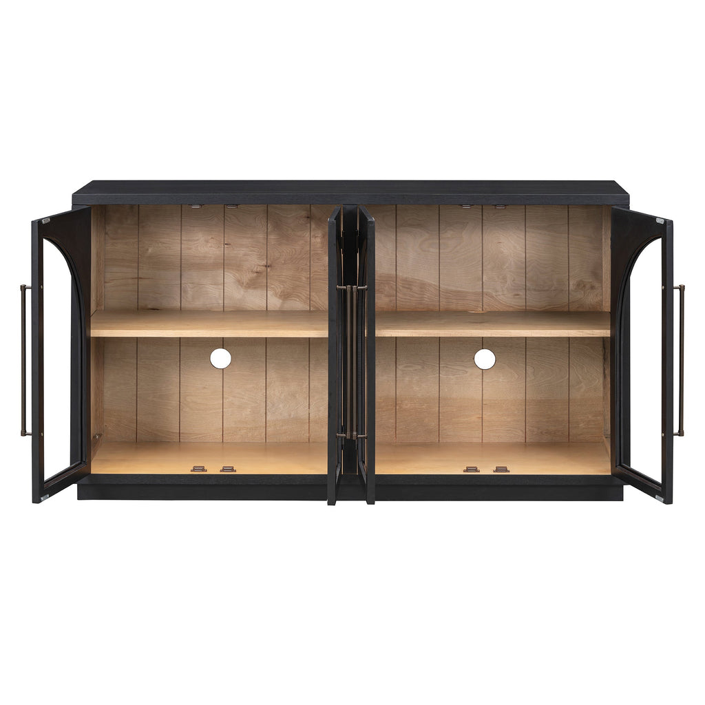 TREXM 4-Door Large Storage Sideboard Buffet Cabinet with Glass Doors, Arched Cabinet with Adjustable Shelves for Kitchen, Dining Room and Living Room (Black)