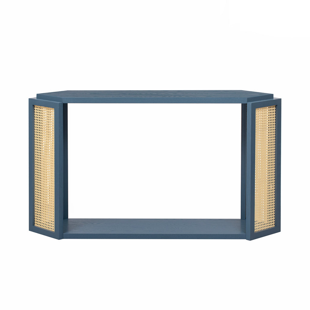 TREXM Narrow Console Table with Unique Irregular Top Design, Entryway Table with Open Shelf, Rattan Sofa Table for Living Room Hallway and Entrance (Antique Blue)